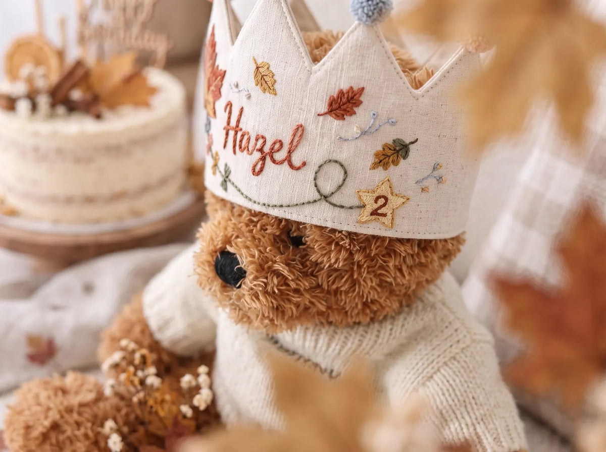 Personalized Birthday Crown, Hand Embroidered Linen Crown, Custom Name Age Party Hat, Autumn Leaves Crown, Toddler Birthday Keepsake Gift