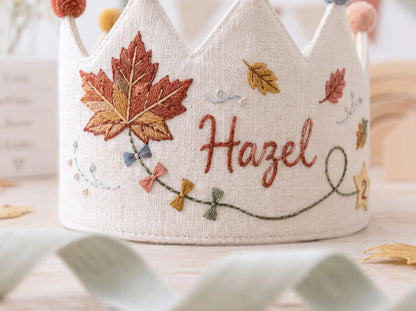 Personalized Birthday Crown, Hand Embroidered Linen Crown, Custom Name Age Party Hat, Autumn Leaves Crown, Toddler Birthday Keepsake Gift