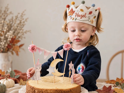 Personalized Birthday Crown, Hand Embroidered Linen Crown, Custom Name Age Party Hat, Autumn Leaves Crown, Toddler Birthday Keepsake Gift