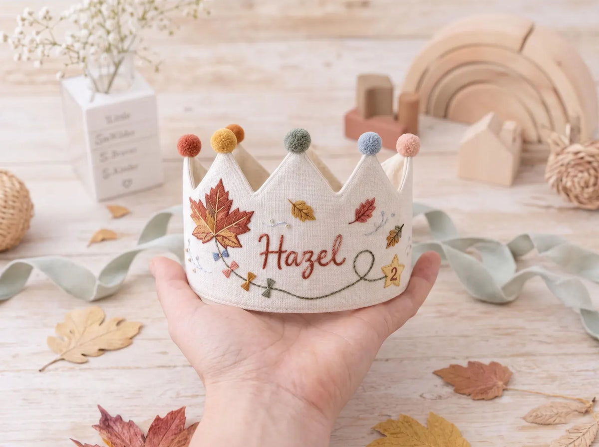 Personalized Birthday Crown, Hand Embroidered Linen Crown, Custom Name Age Party Hat, Autumn Leaves Crown, Toddler Birthday Keepsake Gift