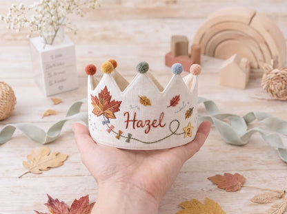 Personalized Birthday Crown, Hand Embroidered Linen Crown, Custom Name Age Party Hat, Autumn Leaves Crown, Toddler Birthday Keepsake Gift