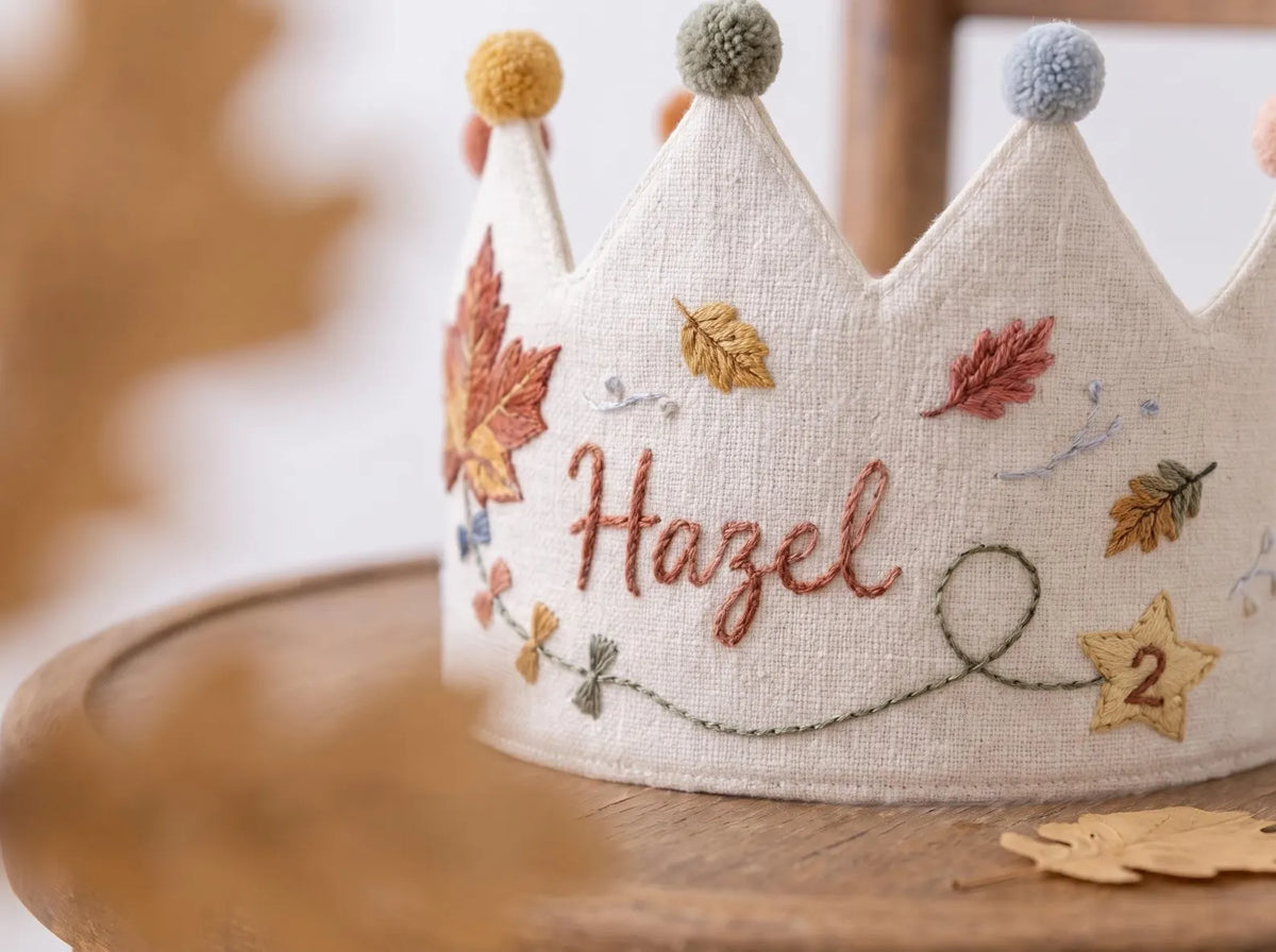 Personalized Birthday Crown, Hand Embroidered Linen Crown, Custom Name Age Party Hat, Autumn Leaves Crown, Toddler Birthday Keepsake Gift