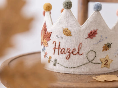 Personalized Birthday Crown, Hand Embroidered Linen Crown, Custom Name Age Party Hat, Autumn Leaves Crown, Toddler Birthday Keepsake Gift
