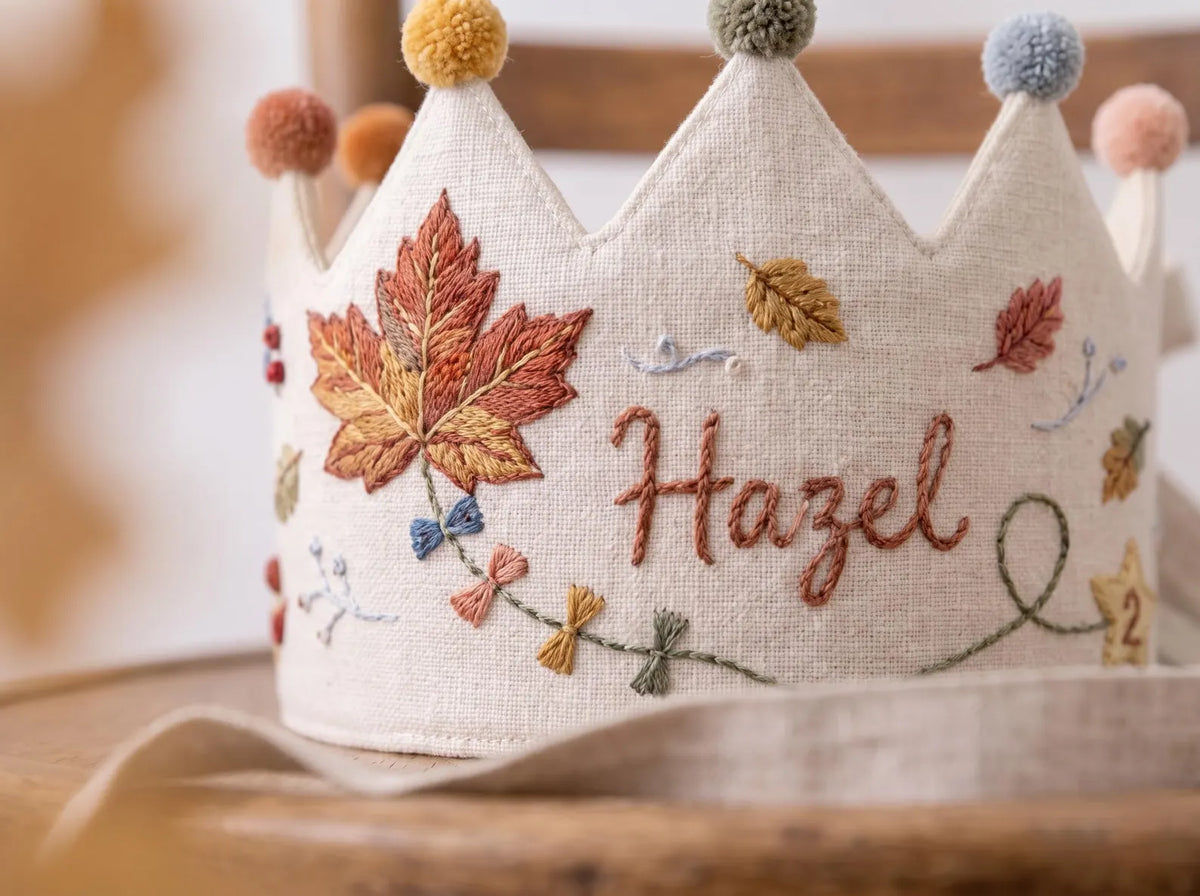 Personalized Birthday Crown, Hand Embroidered Linen Crown, Custom Name Age Party Hat, Autumn Leaves Crown, Toddler Birthday Keepsake Gift