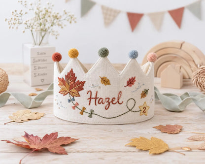 Personalized Birthday Crown, Hand Embroidered Linen Crown, Custom Name Age Party Hat, Autumn Leaves Crown, Toddler Birthday Keepsake Gift