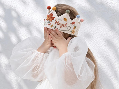 Personalized Birthday Crown, Hand Embroidered Linen Crown, Custom Name Age Party Hat, Autumn Leaves Crown, Toddler Birthday Keepsake Gift