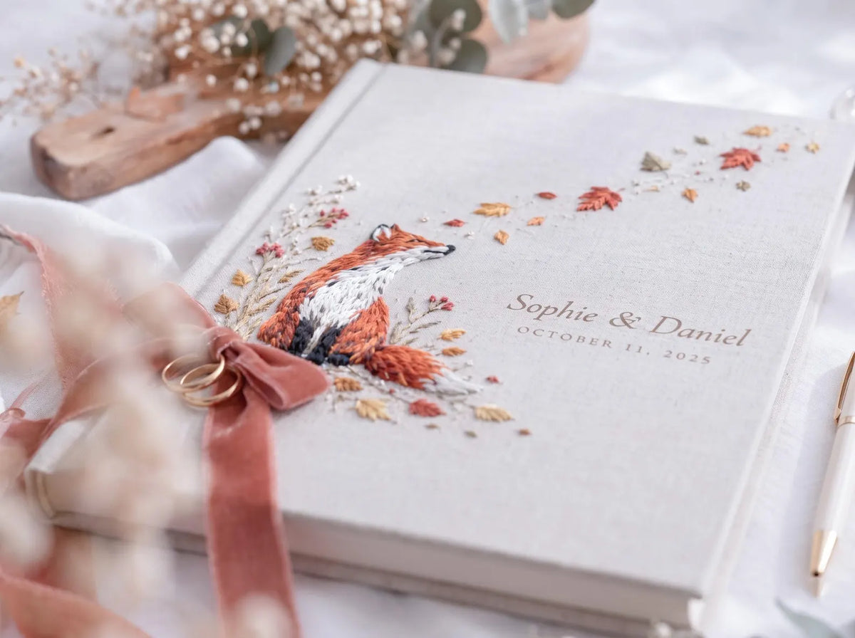 Custom Hand Embroidered Fox Wedding Guest Book, Autumn Photo Album, Personalized Woodland Memory Book, Ring Bearer Keepsake, Bridal Gift (Copy)
