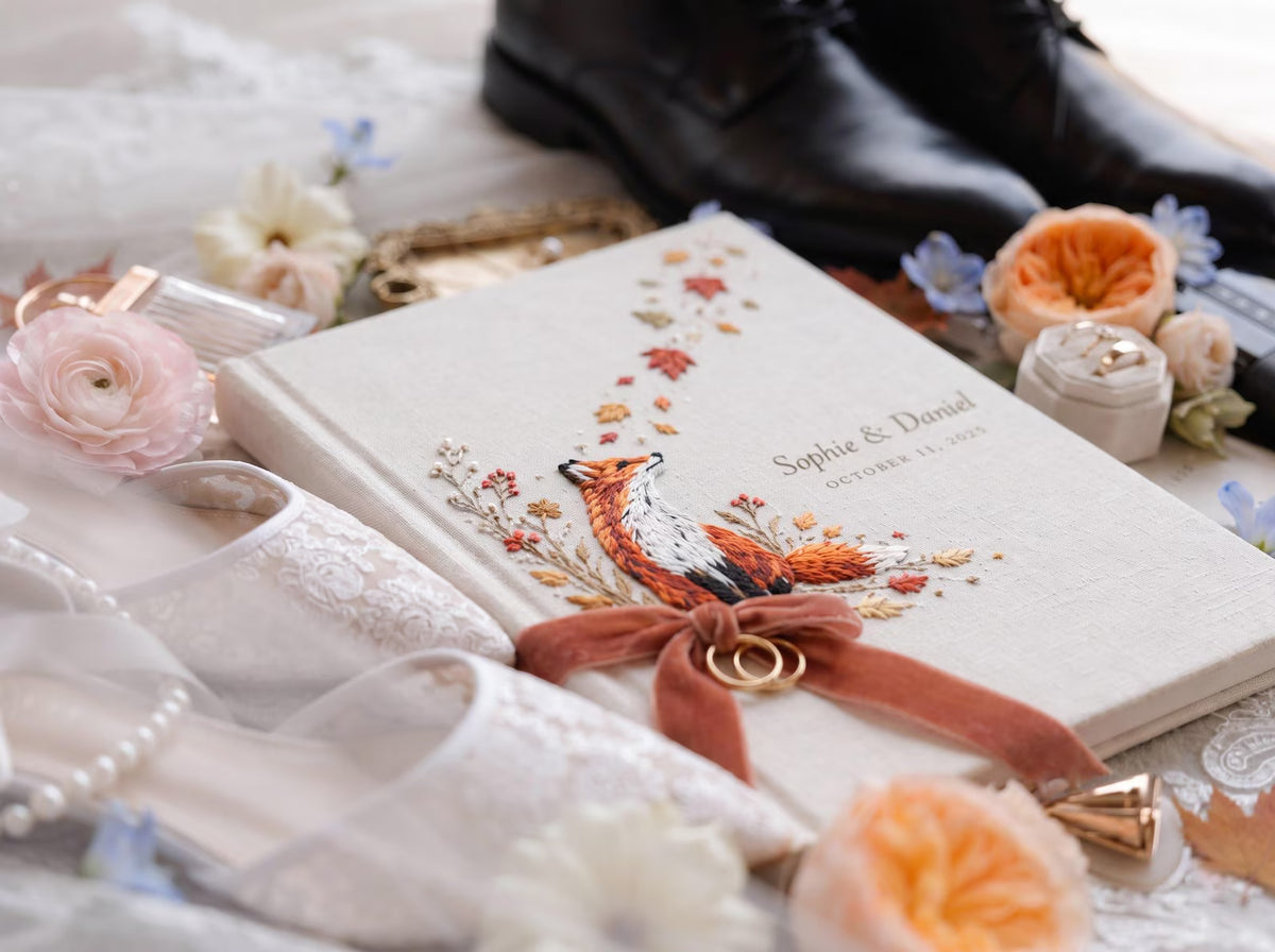 Custom Hand Embroidered Fox Wedding Guest Book, Autumn Photo Album, Personalized Woodland Memory Book, Ring Bearer Keepsake, Bridal Gift (Copy)