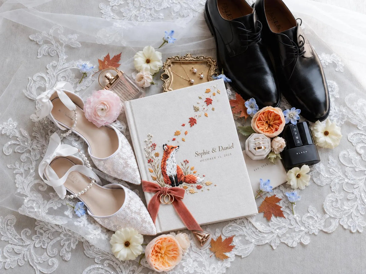 Custom Hand Embroidered Fox Wedding Guest Book, Autumn Photo Album, Personalized Woodland Memory Book, Ring Bearer Keepsake, Bridal Gift (Copy)