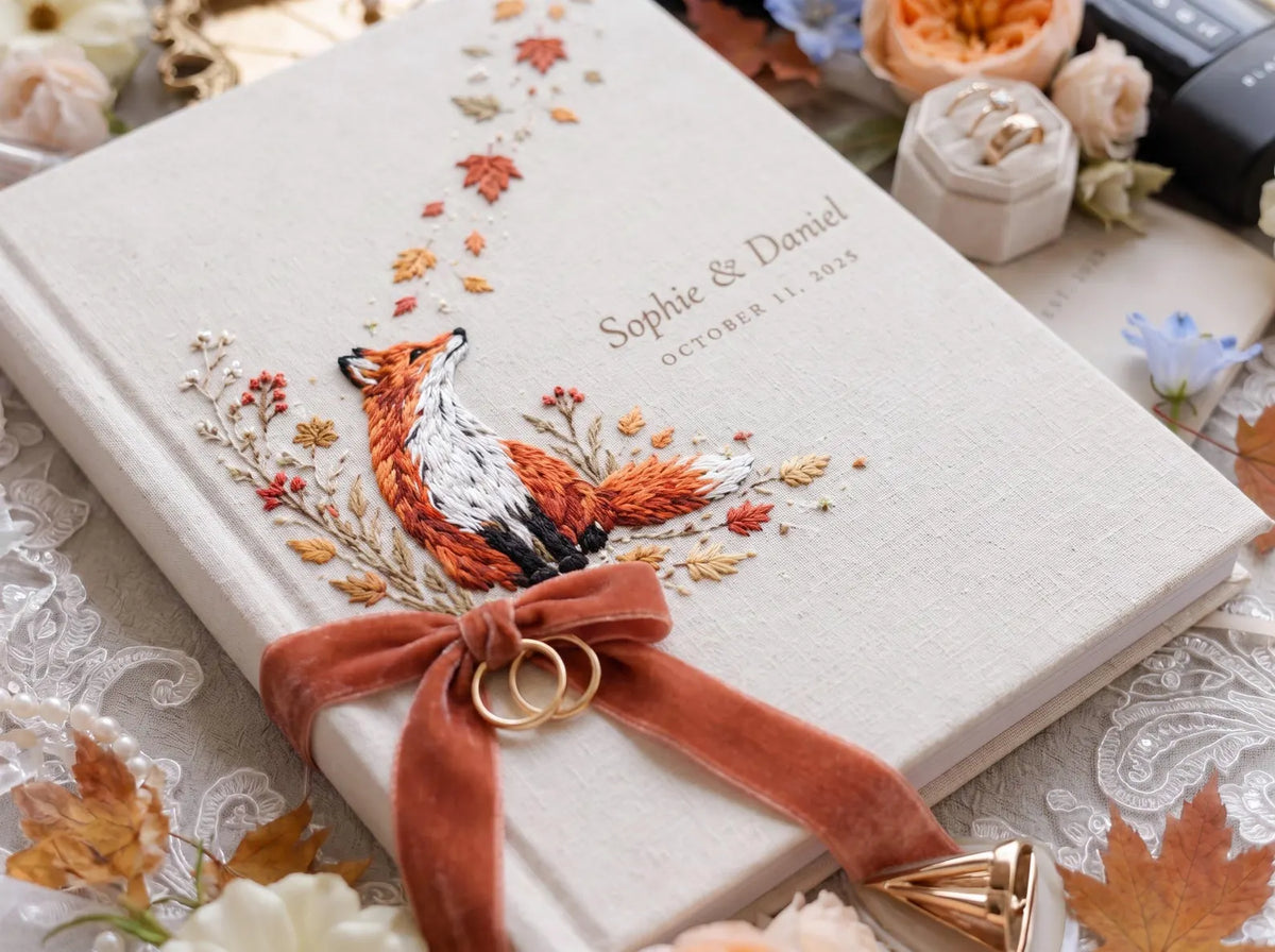 Custom Hand Embroidered Fox Wedding Guest Book, Autumn Photo Album, Personalized Woodland Memory Book, Ring Bearer Keepsake, Bridal Gift (Copy)