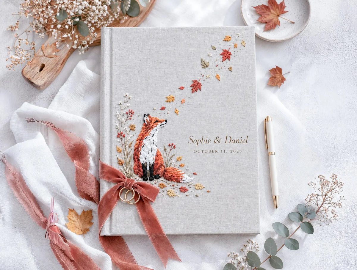 Custom Hand Embroidered Fox Wedding Guest Book, Autumn Photo Album, Personalized Woodland Memory Book, Ring Bearer Keepsake, Bridal Gift (Copy)