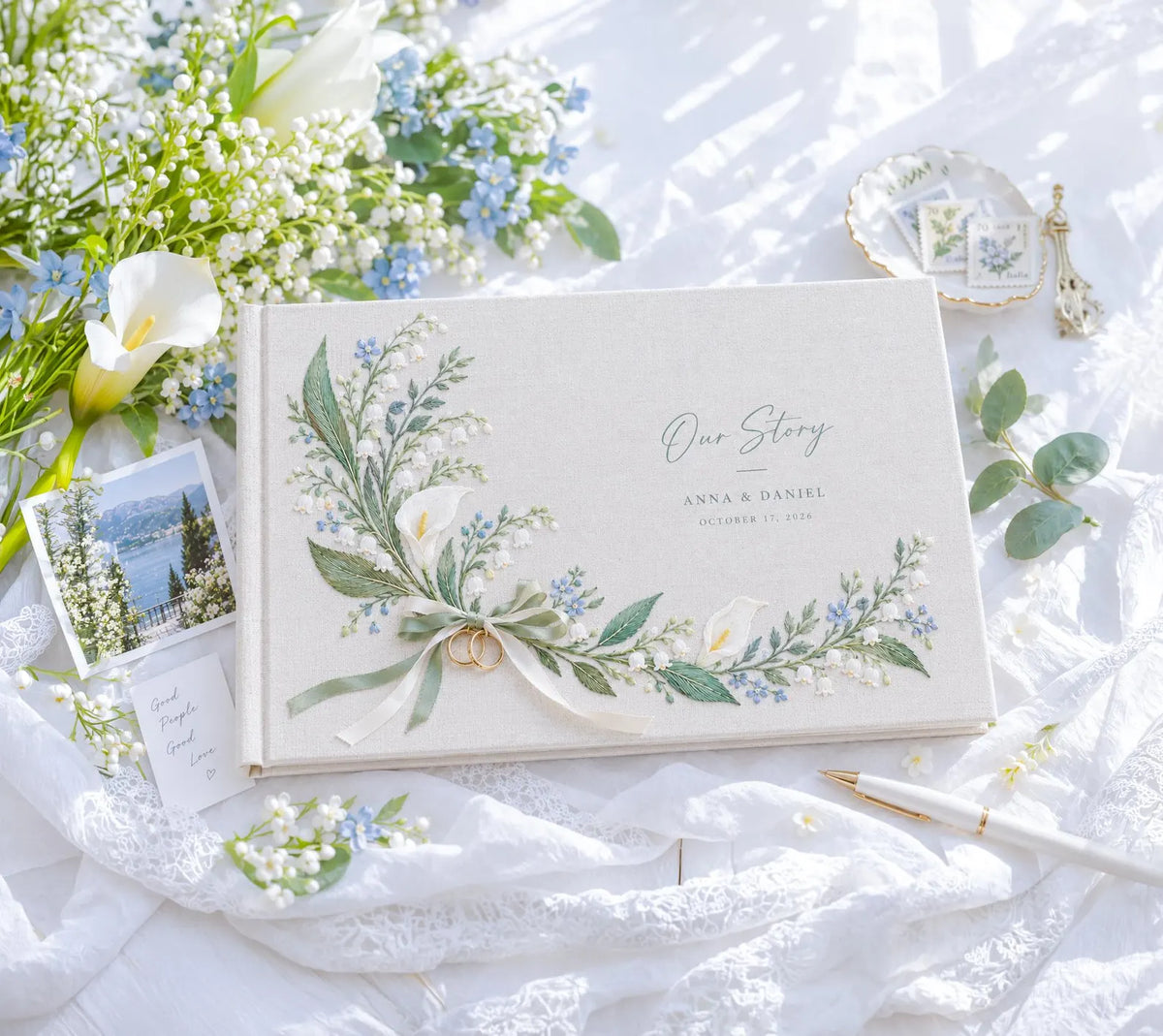Custom Hand Embroidered Calla Lily & Lily of the Valley Wedding Guest Book, Linen Photo Album, Ring Bearer Memory Book, Bridal Keepsake Gift