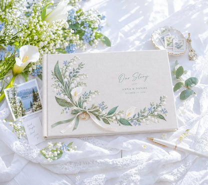 Custom Hand Embroidered Calla Lily & Lily of the Valley Wedding Guest Book, Linen Photo Album, Ring Bearer Memory Book, Bridal Keepsake Gift