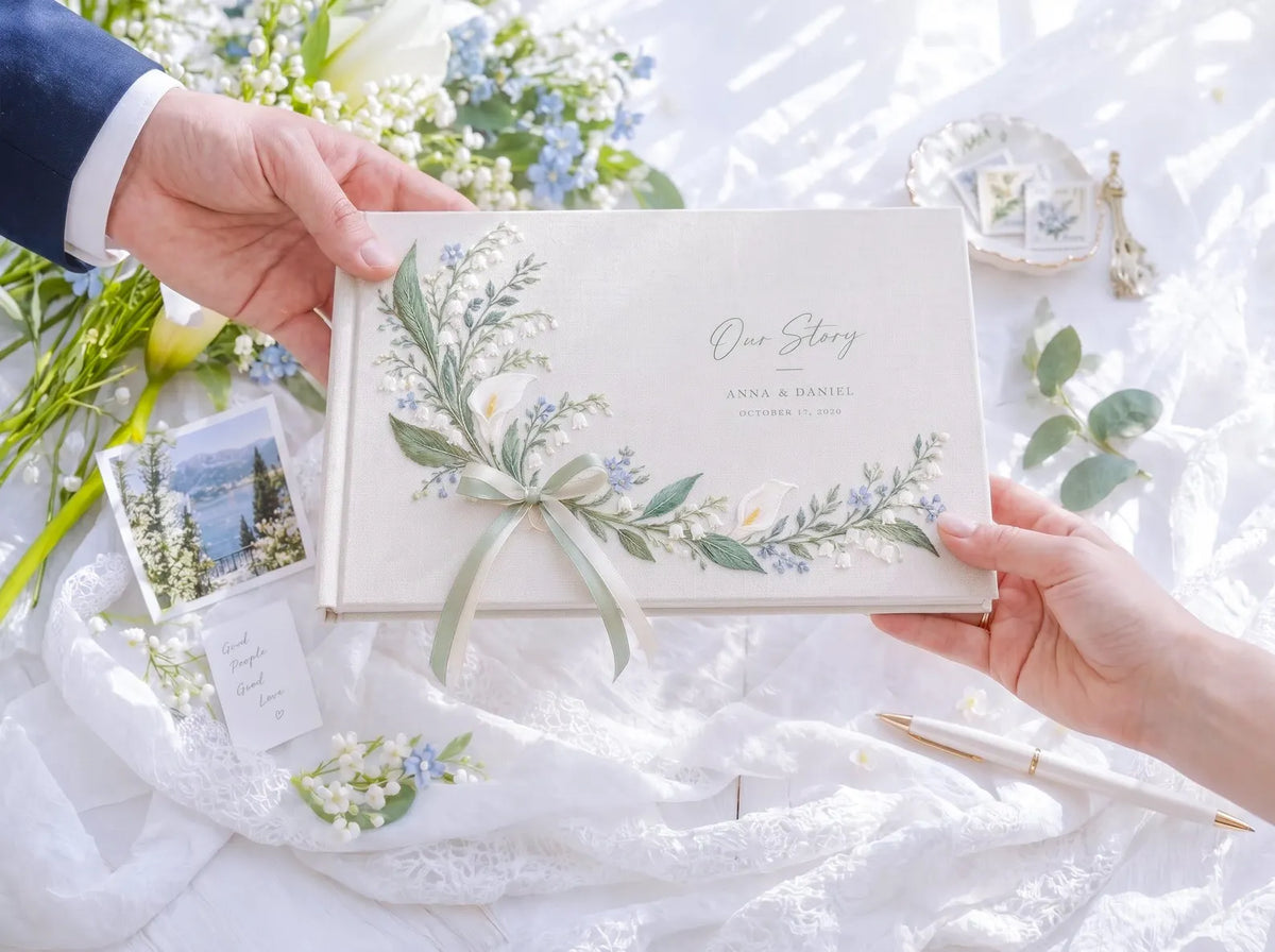 Custom Hand Embroidered Calla Lily & Lily of the Valley Wedding Guest Book, Linen Photo Album, Ring Bearer Memory Book, Bridal Keepsake Gift