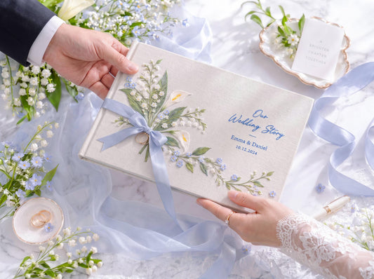 Custom Hand Embroidered Calla Lily Wedding Guest Book, Blue Floral Linen Photo Album, Ring Bearer Memory Book, Personalized Bridal Keepsake