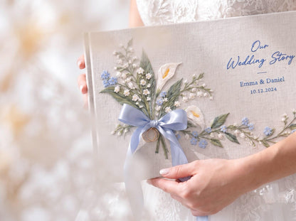 Custom Hand Embroidered Calla Lily Wedding Guest Book, Blue Floral Linen Photo Album, Ring Bearer Memory Book, Personalized Bridal Keepsake