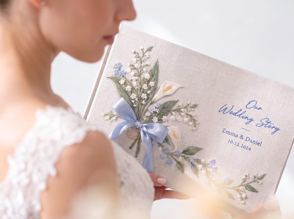 Custom Hand Embroidered Calla Lily Wedding Guest Book, Blue Floral Linen Photo Album, Ring Bearer Memory Book, Personalized Bridal Keepsake