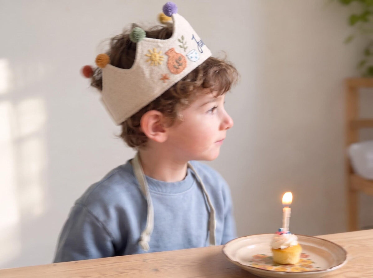 Personalized Birthday Crown, Hand Embroidered Linen Crown, Little Maker Party Hat, Custom Name Age Crown, Pottery Theme, Art Party Keepsake