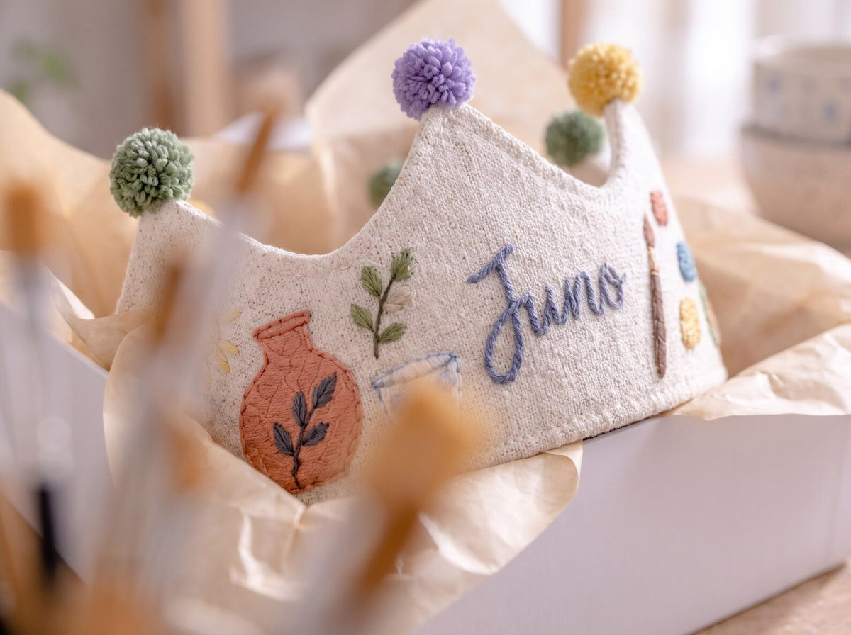 Personalized Birthday Crown, Hand Embroidered Linen Crown, Little Maker Party Hat, Custom Name Age Crown, Pottery Theme, Art Party Keepsake
