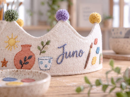 Personalized Birthday Crown, Hand Embroidered Linen Crown, Little Maker Party Hat, Custom Name Age Crown, Pottery Theme, Art Party Keepsake