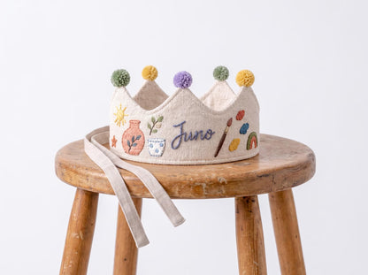 Personalized Birthday Crown, Hand Embroidered Linen Crown, Little Maker Party Hat, Custom Name Age Crown, Pottery Theme, Art Party Keepsake