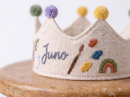 Personalized Birthday Crown, Hand Embroidered Linen Crown, Little Maker Party Hat, Custom Name Age Crown, Pottery Theme, Art Party Keepsake