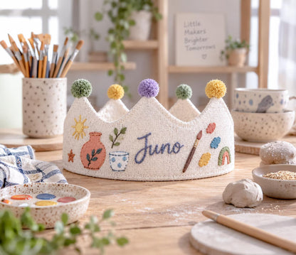 Personalized Birthday Crown, Hand Embroidered Linen Crown, Little Maker Party Hat, Custom Name Age Crown, Pottery Theme, Art Party Keepsake