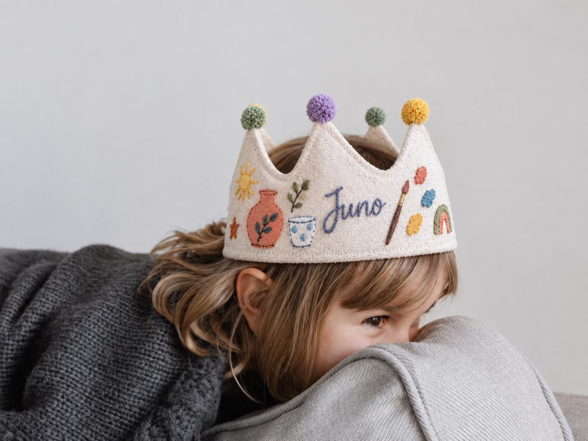 Personalized Birthday Crown, Hand Embroidered Linen Crown, Little Maker Party Hat, Custom Name Age Crown, Pottery Theme, Art Party Keepsake