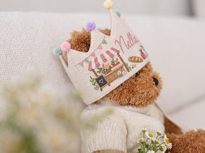 Personalized Birthday Crown, Hand Embroidered Linen Crown, Flower Market Party Hats, Custom Name Age Crown, Farmers Market Birthday Keepsake