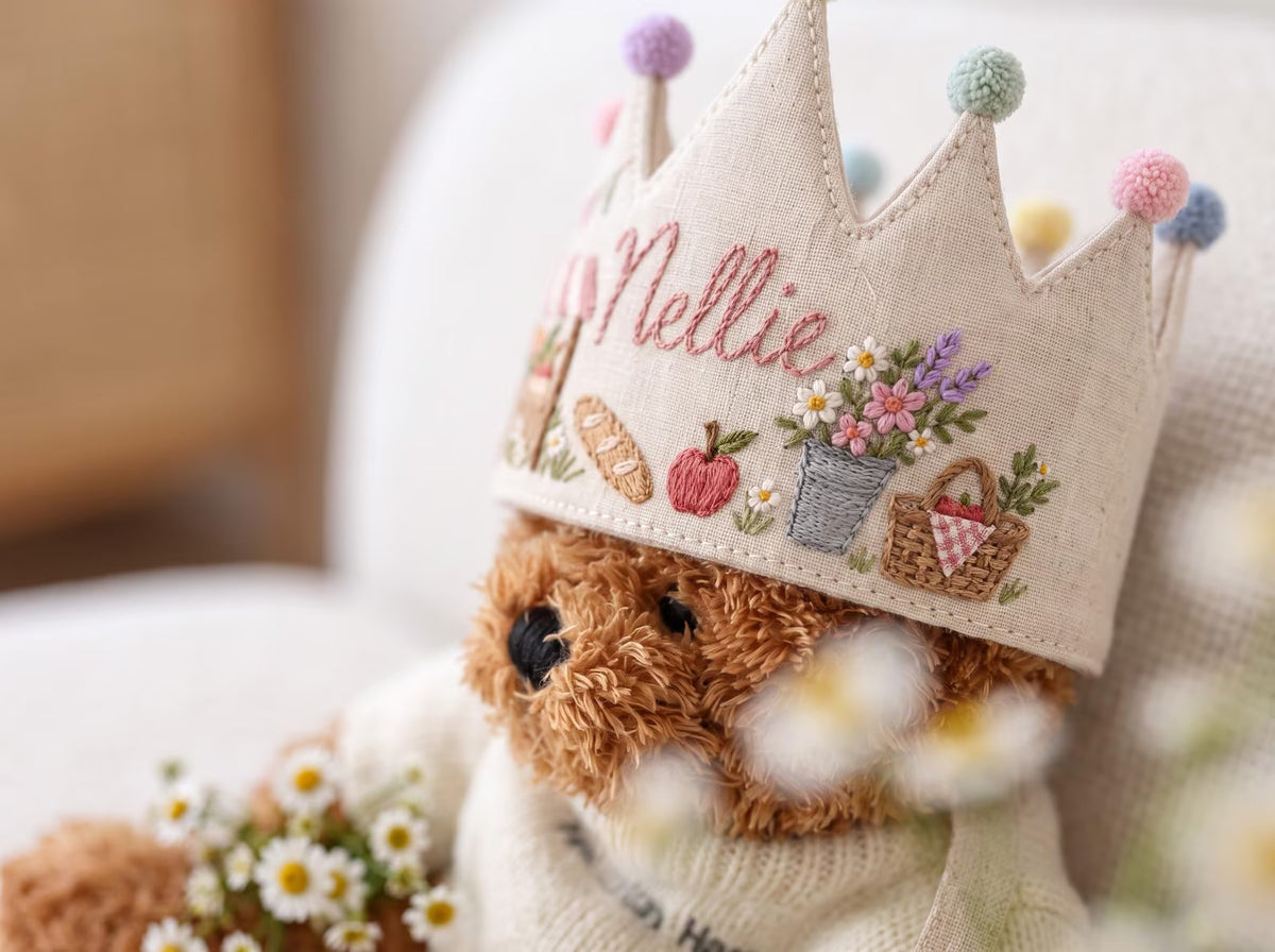 Personalized Birthday Crown, Hand Embroidered Linen Crown, Flower Market Party Hats, Custom Name Age Crown, Farmers Market Birthday Keepsake