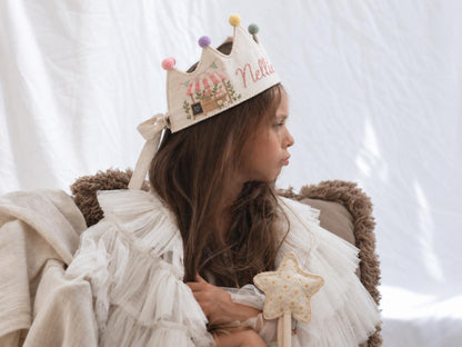 Personalized Birthday Crown, Hand Embroidered Linen Crown, Flower Market Party Hats, Custom Name Age Crown, Farmers Market Birthday Keepsake