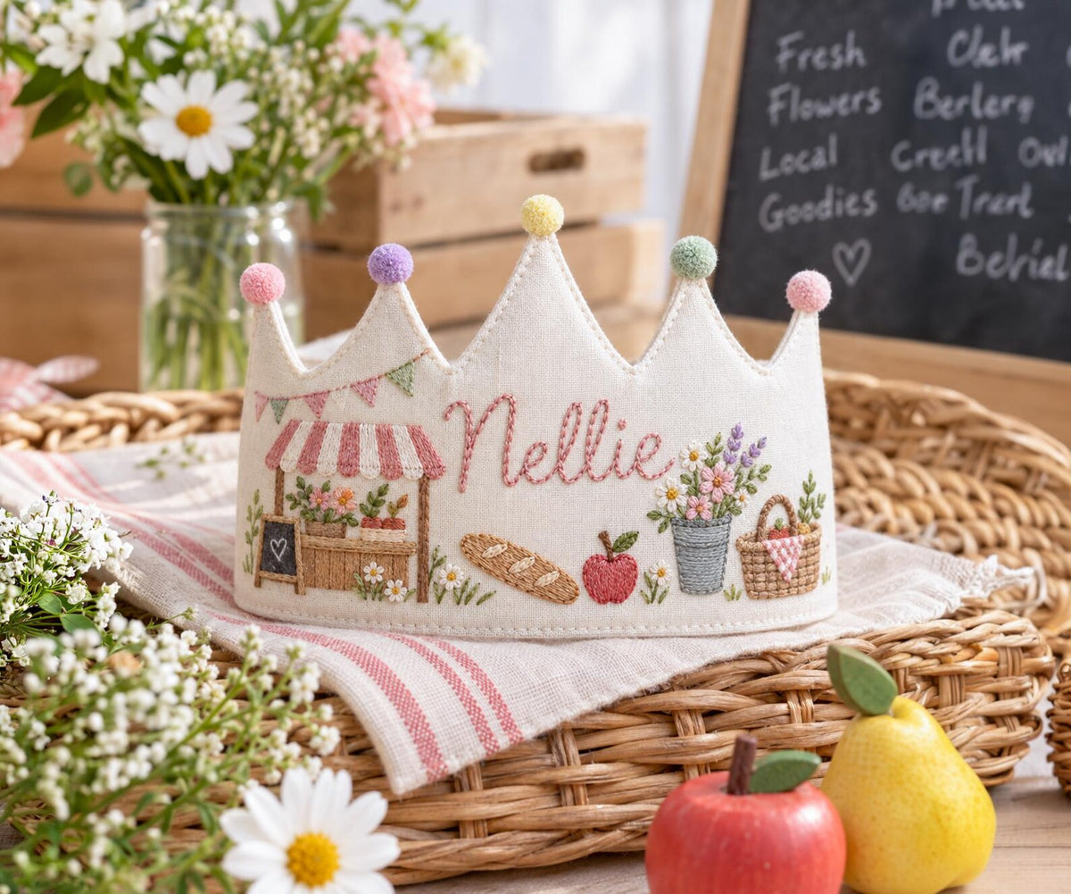 Personalized Birthday Crown, Hand Embroidered Linen Crown, Flower Market Party Hats, Custom Name Age Crown, Farmers Market Birthday Keepsake
