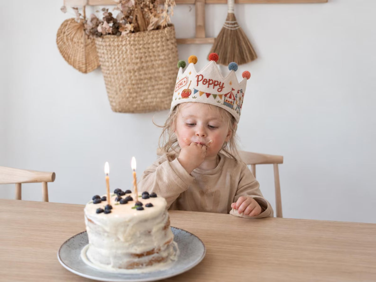 Personalized Birthday Crown, Hand Embroidered Linen Crown, Carnival Party Hat, Custom Name Age Crown, Fairground Birthday Keepsake for Child