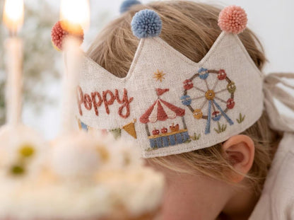 Personalized Birthday Crown, Hand Embroidered Linen Crown, Carnival Party Hat, Custom Name Age Crown, Fairground Birthday Keepsake for Child