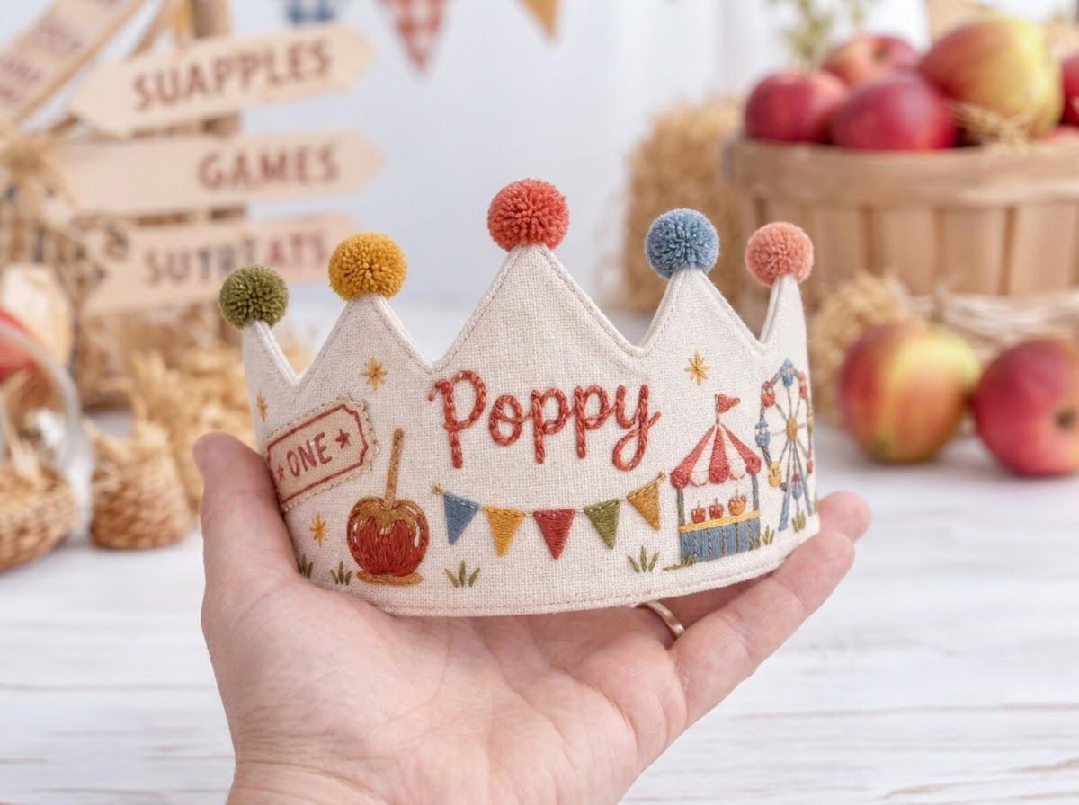 Personalized Birthday Crown, Hand Embroidered Linen Crown, Carnival Party Hat, Custom Name Age Crown, Fairground Birthday Keepsake for Child