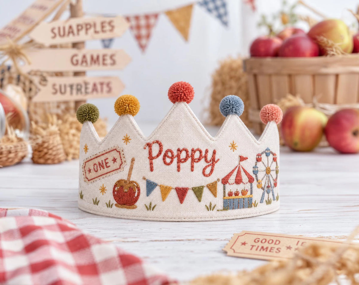 Personalized Birthday Crown, Hand Embroidered Linen Crown, Carnival Party Hat, Custom Name Age Crown, Fairground Birthday Keepsake for Child