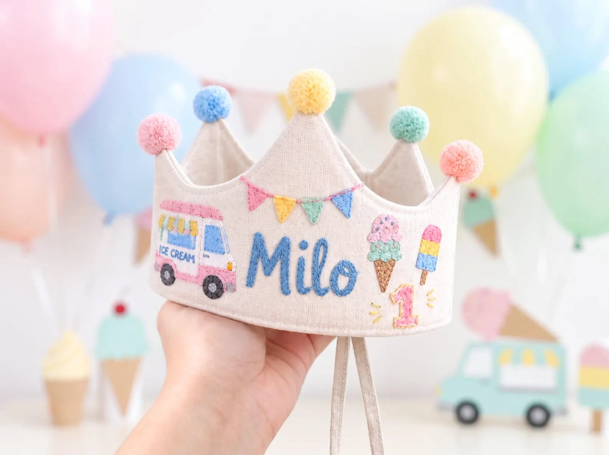 Personalized Birthday Crown, Hand Embroidered Linen Crown, Ice Cream Truck Party Hat, Custom Name Age Crown, 1st Birthday Keepsake for Child
