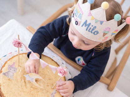 Personalized Birthday Crown, Hand Embroidered Linen Crown, Ice Cream Truck Party Hat, Custom Name Age Crown, 1st Birthday Keepsake for Child