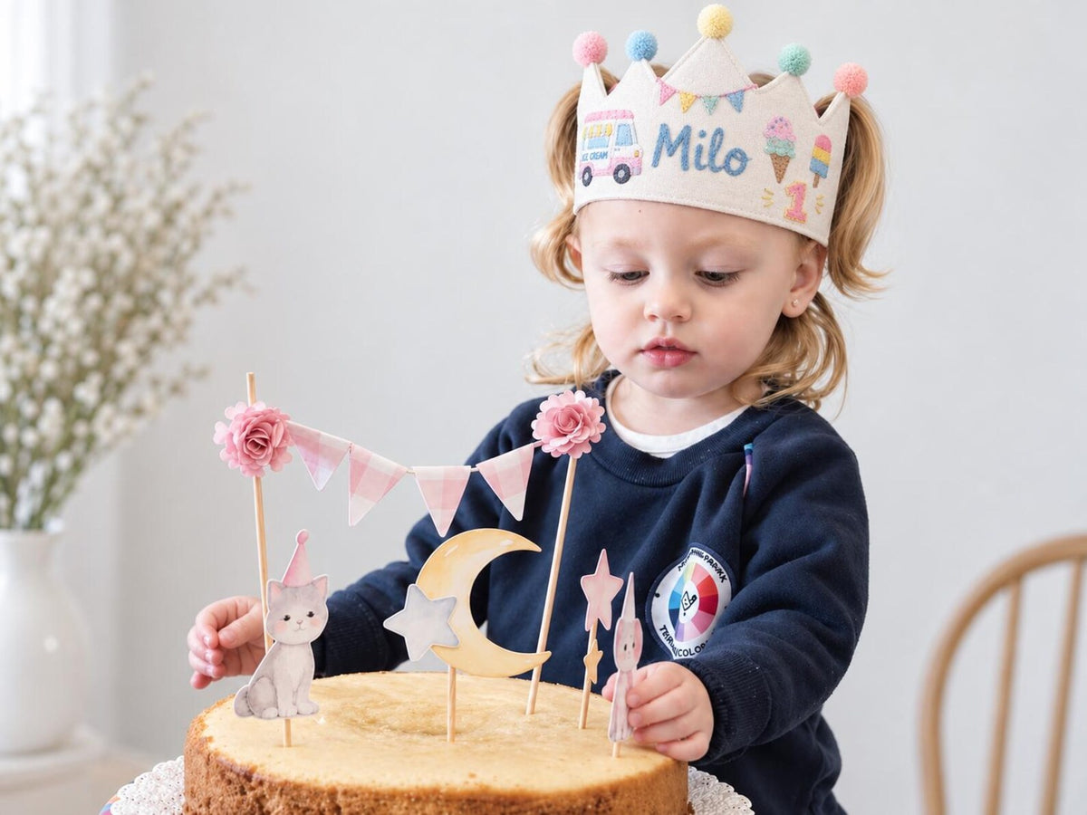 Personalized Birthday Crown, Hand Embroidered Linen Crown, Ice Cream Truck Party Hat, Custom Name Age Crown, 1st Birthday Keepsake for Child