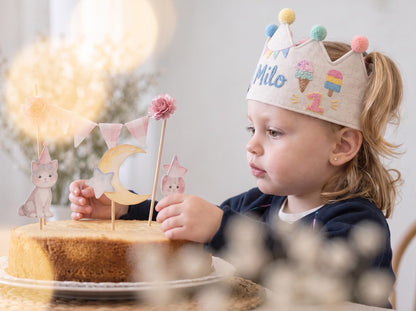 Personalized Birthday Crown, Hand Embroidered Linen Crown, Ice Cream Truck Party Hat, Custom Name Age Crown, 1st Birthday Keepsake for Child