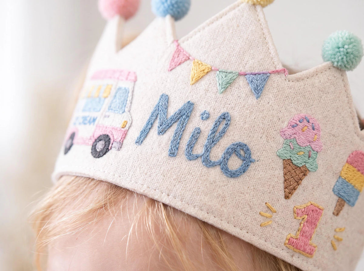 Personalized Birthday Crown, Hand Embroidered Linen Crown, Ice Cream Truck Party Hat, Custom Name Age Crown, 1st Birthday Keepsake for Child