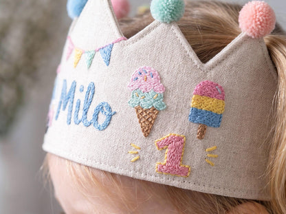 Personalized Birthday Crown, Hand Embroidered Linen Crown, Ice Cream Truck Party Hat, Custom Name Age Crown, 1st Birthday Keepsake for Child