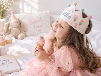 Personalized Birthday Crown, Hand Embroidered Linen Crown, Ice Cream Truck Party Hat, Custom Name Age Crown, 1st Birthday Keepsake for Child