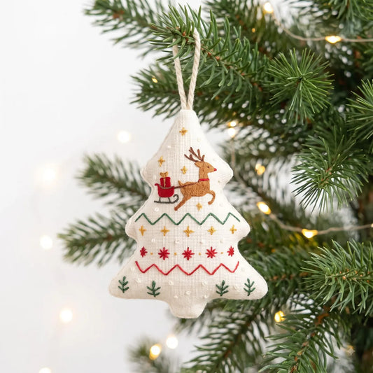 Hand Embroidered Christmas Heart Ornament – Bright and Joyful Holiday Scene, Winter Tree & Village Decor, Christmas Gift Decoration