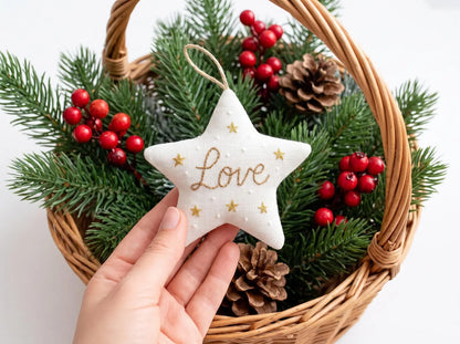 Hand Embroidered Christmas Star Ornament, Linen Love Keepsake, Gold Star Tree Decoration, Handmade Holiday Gifts, Minimalist Christmas Decor