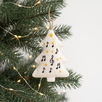 Hand Embroidered Christmas Tree Ornament, Musical Notes Linen Ornament, Music Lover Gifts, Music Teacher Christmas Gifts, Holiday Tree Decor