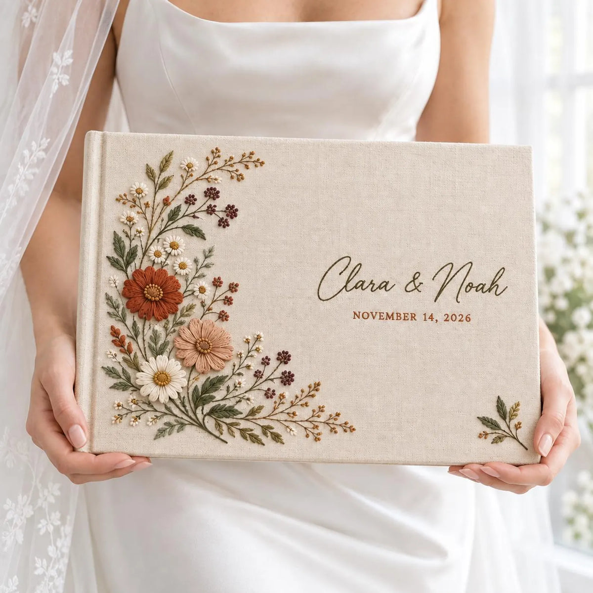 Personalized Wedding Guest Book, Hand Embroidered Linen with Terracotta Wildflowers, A5-A4 Landscape