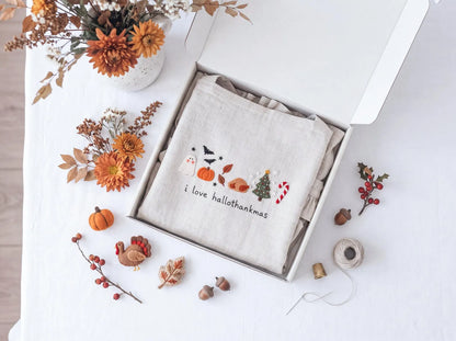 Hand Embroidered Hallothankmas Linen Apron, Ghost Pumpkin Turkey Christmas Tree & Candy Cane, Halloween Thanksgiving Christmas Kitchen Gifts