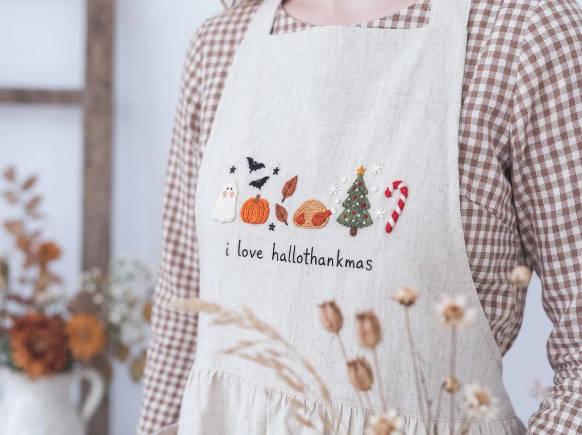 Hand Embroidered Hallothankmas Linen Apron, Ghost Pumpkin Turkey Christmas Tree & Candy Cane, Halloween Thanksgiving Christmas Kitchen Gifts