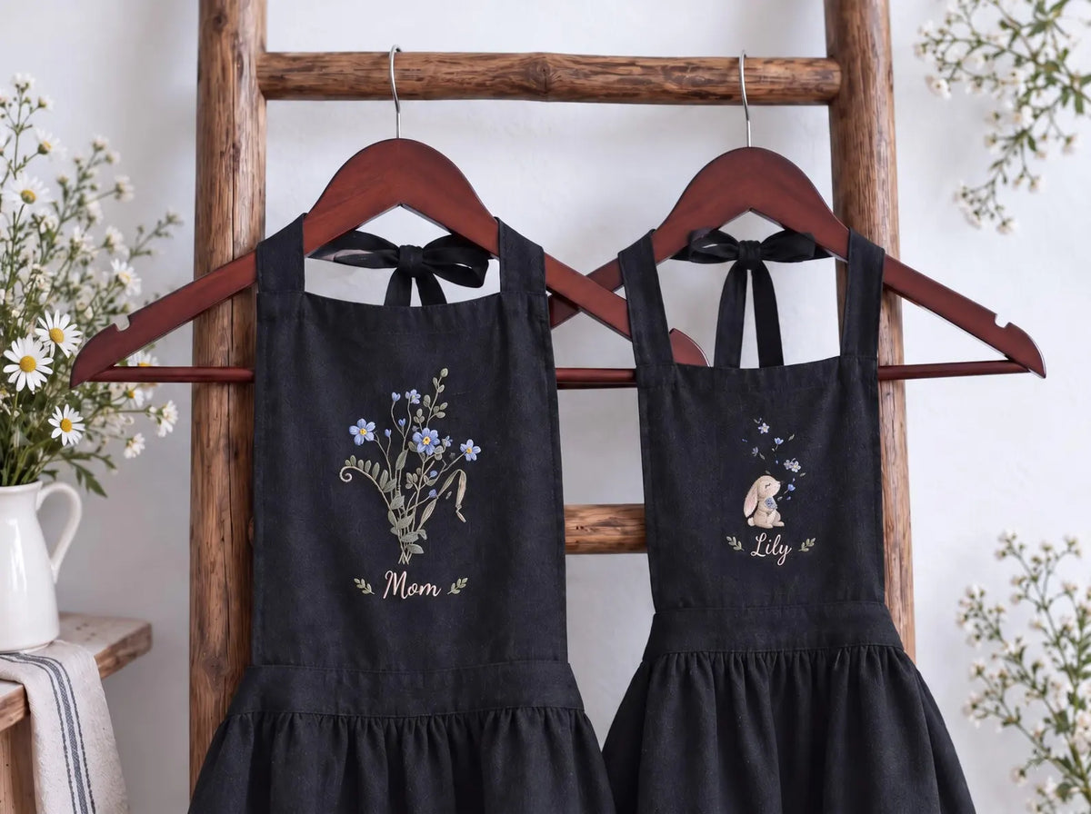 Personalized Mom and Me Aprons Set of 2, Hand Embroidered Blue Wildflowers & Bunny, Custom Names, Black Linen Mother Daughter Apron Gift Set
